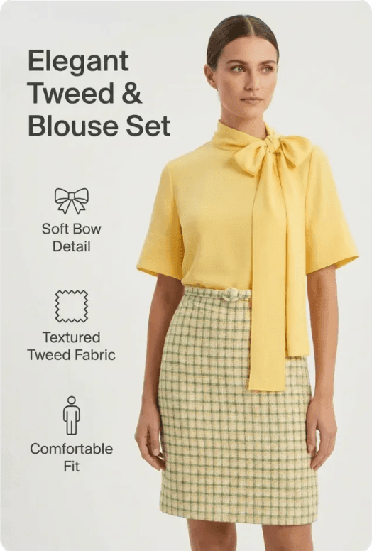 Listing feature image: Yellow bow blouse & tweed skirt set